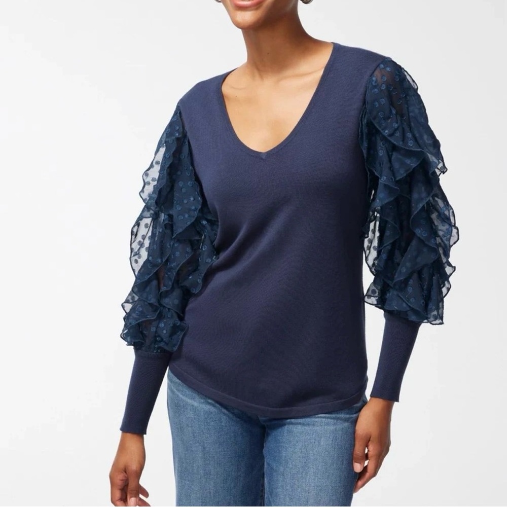 Chicos knit woven mixed‎ media ruffle sleeve v neck sweater blue size large
